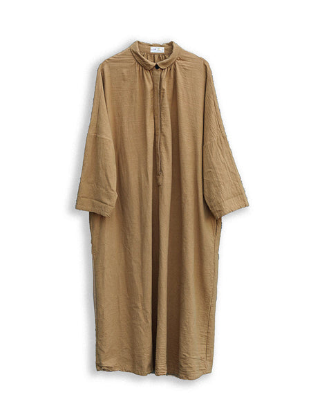 Women Artsy Autumn Solid Turn-down Collar Cotton Dress AT1057 NLS