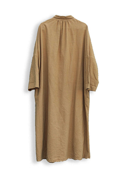 Women Artsy Autumn Solid Turn-down Collar Cotton Dress AT1057 NLS