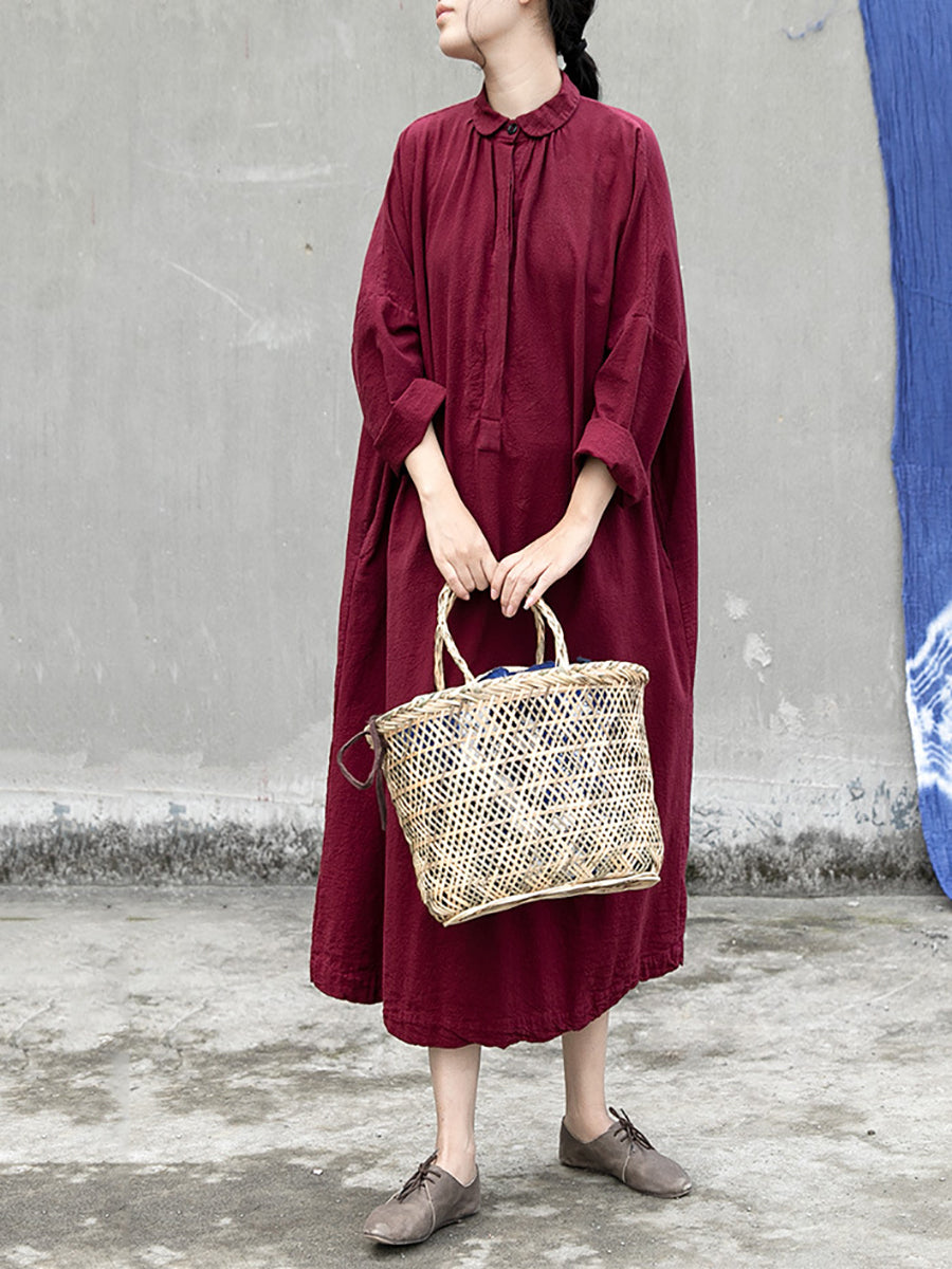 Women Artsy Autumn Solid Turn-down Collar Cotton Dress AT1057 NLS