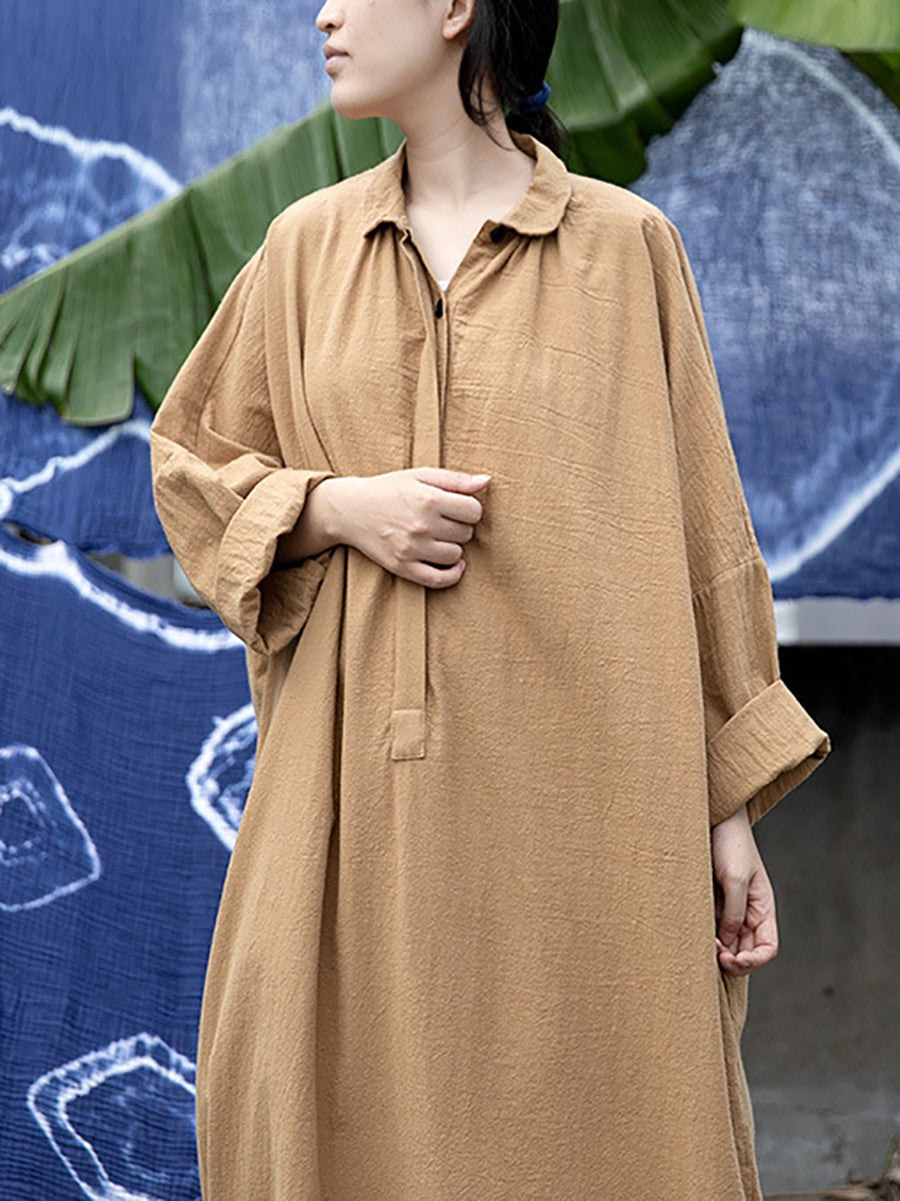 Women Artsy Autumn Solid Turn-down Collar Cotton Dress AT1057 NLS