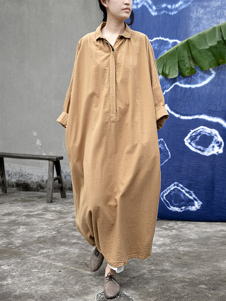 Women Artsy Autumn Solid Turn-down Collar Cotton Dress AT1057 NLS