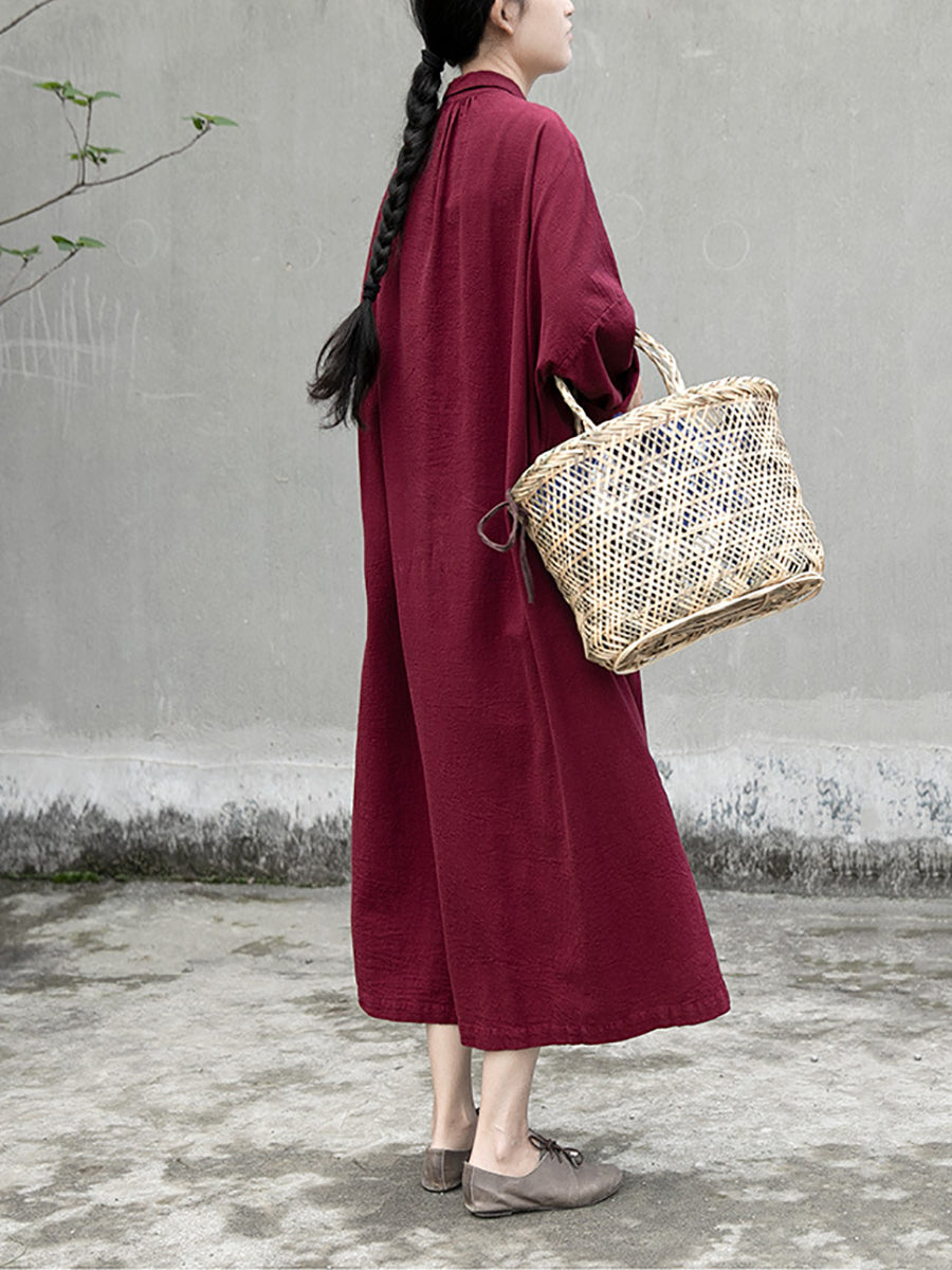 Women Artsy Autumn Solid Turn-down Collar Cotton Dress AT1057 NLS