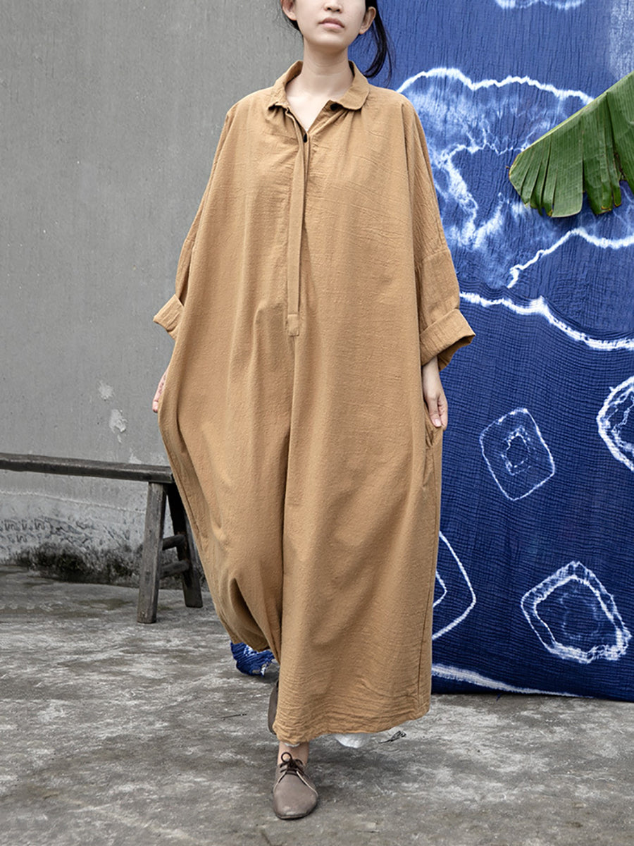 Women Artsy Autumn Solid Turn-down Collar Cotton Dress AT1057 NLS