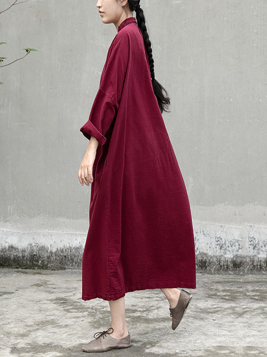 Women Artsy Autumn Solid Turn-down Collar Cotton Dress AT1057 NLS