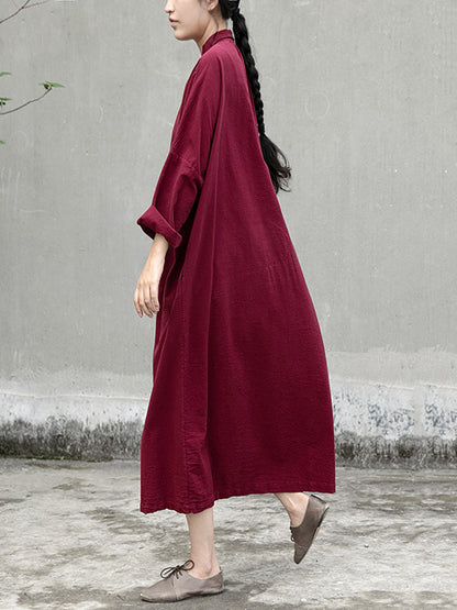 Women Artsy Autumn Solid Turn-down Collar Cotton Dress AT1057 NLS