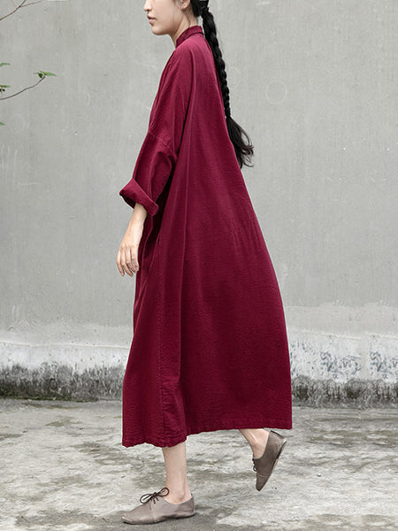 Women Artsy Autumn Solid Turn-down Collar Cotton Dress AT1057 NLS