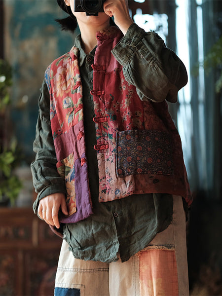 Women Ethnic Flower Patch Spliced Cotton Vest AT1059 BUYKUD