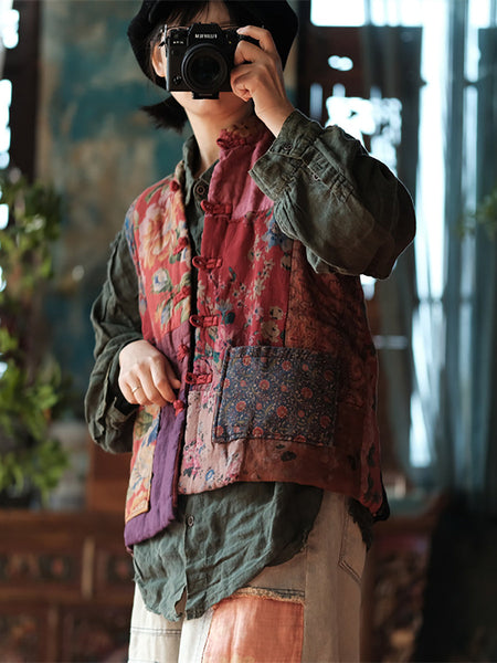 Women Ethnic Flower Patch Spliced Cotton Vest AT1059 BUYKUD