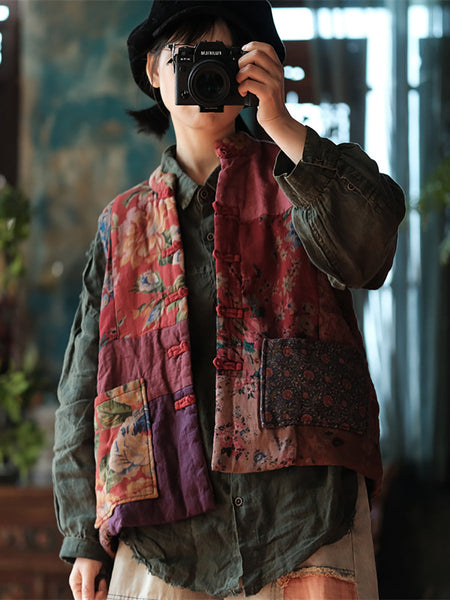 Women Ethnic Flower Patch Spliced Cotton Vest AT1059 BUYKUD