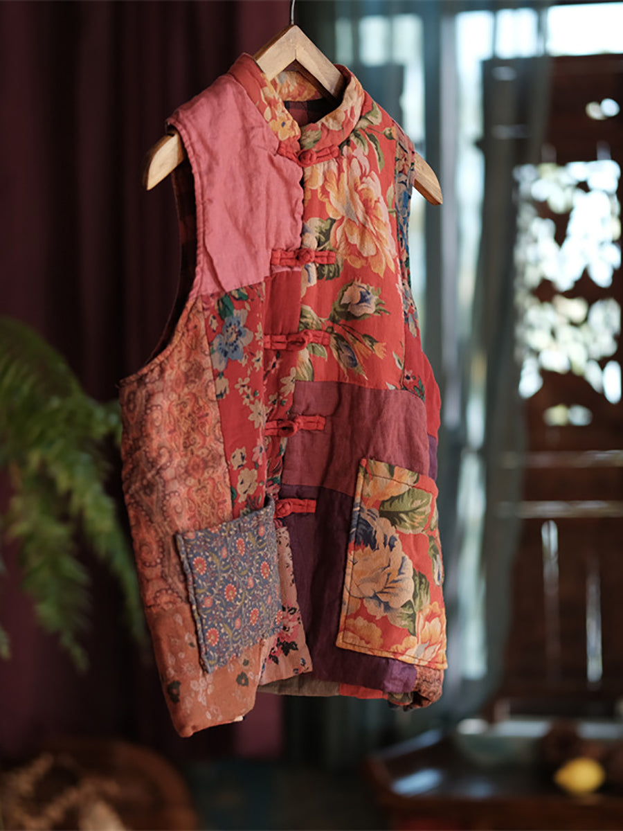 Women Ethnic Flower Patch Spliced Cotton Vest AT1059 BUYKUD