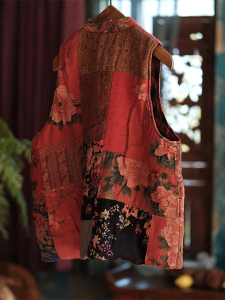 Women Ethnic Flower Patch Spliced Cotton Vest AT1059 BUYKUD