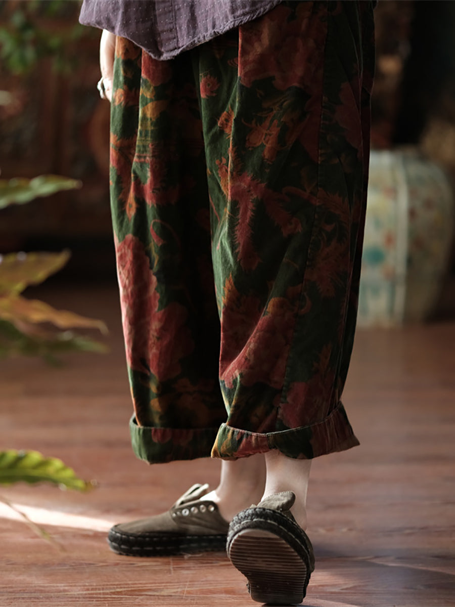 Women Vintage Autumn Flower Wide-leg 100%Cotton Pants AT1060 BUYKUD