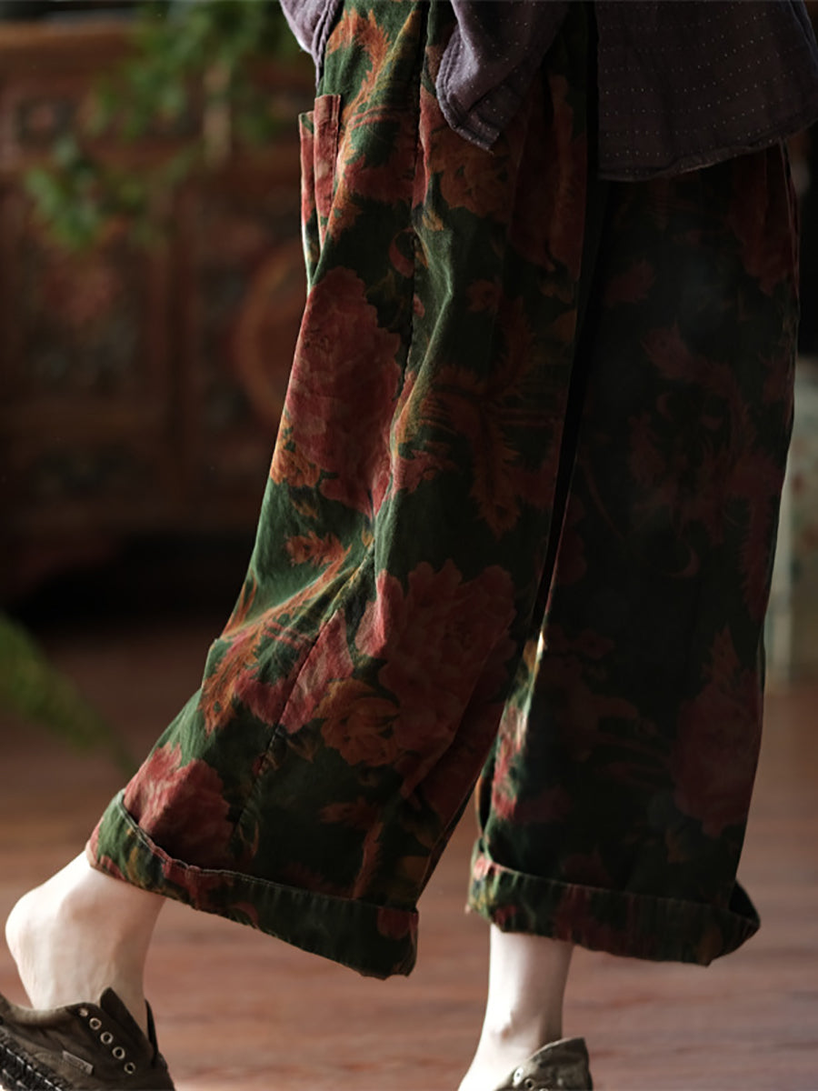 Women Vintage Autumn Flower Wide-leg 100%Cotton Pants AT1060 BUYKUD