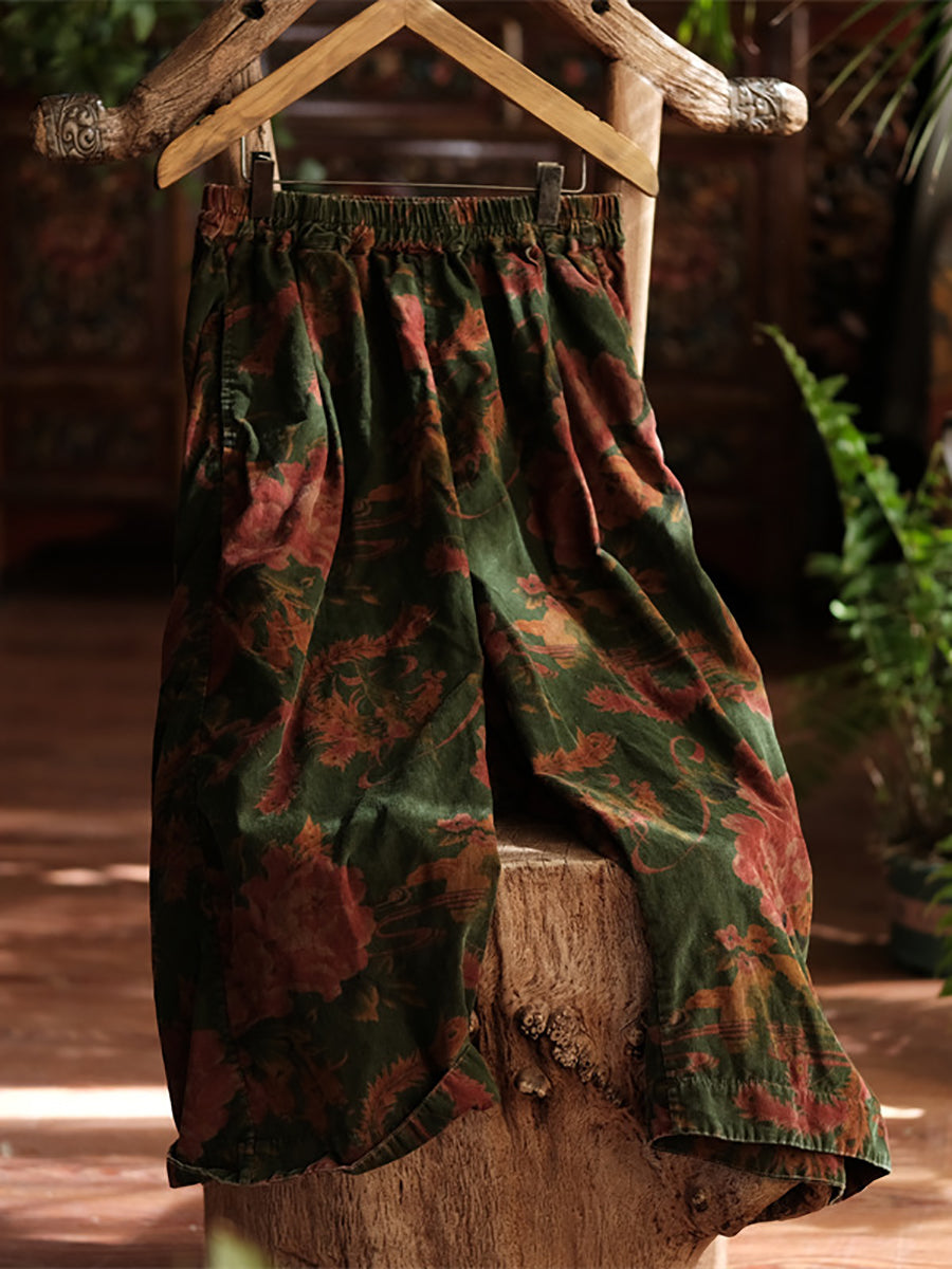 Women Vintage Autumn Flower Wide-leg 100%Cotton Pants AT1060 BUYKUD