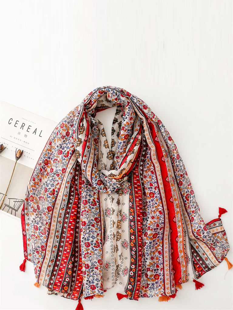 Women Ethnic Floral Colorblock Tassel Shawl Scarf AT1061 BUYKUD