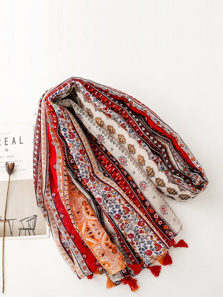 Women Ethnic Floral Colorblock Tassel Shawl Scarf AT1061 BUYKUD