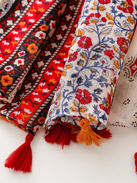 Women Ethnic Floral Colorblock Tassel Shawl Scarf AT1061 BUYKUD