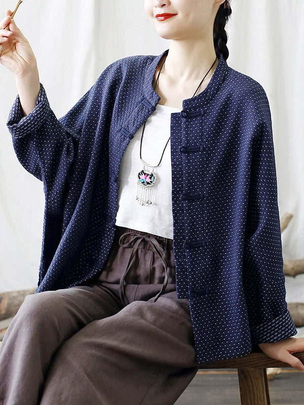 Women Autumn Vintage Dot Button Stand Collar Cotton Jacket AT1062 BUYKUD