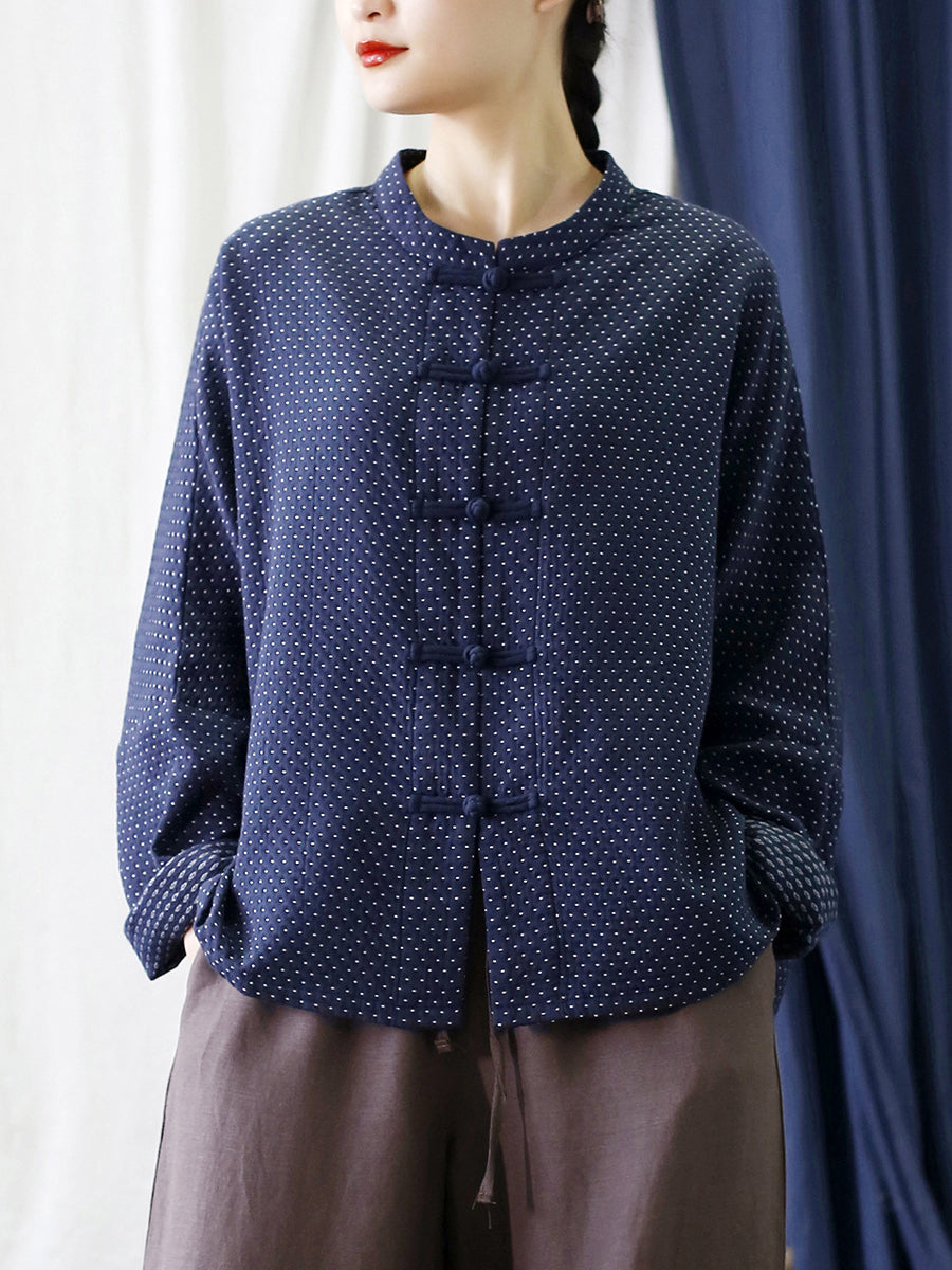 Women Autumn Vintage Dot Button Stand Collar Cotton Jacket AT1062 BUYKUD