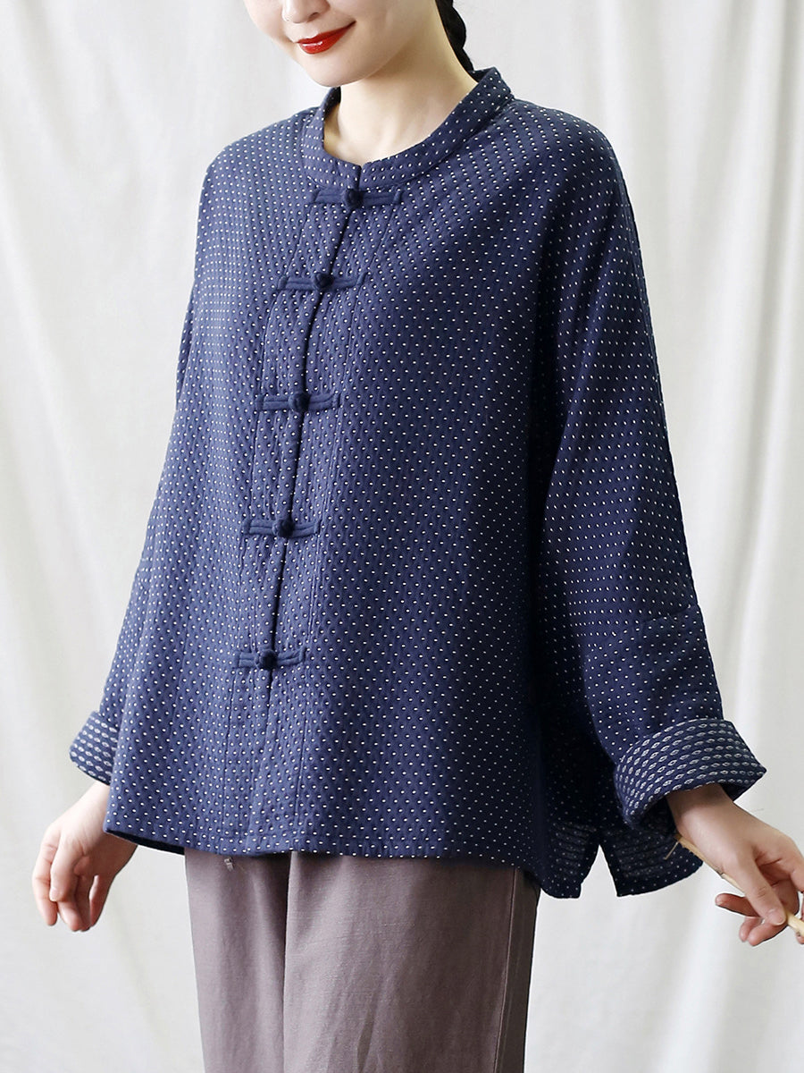 Women Autumn Vintage Dot Button Stand Collar Cotton Jacket AT1062 BUYKUD