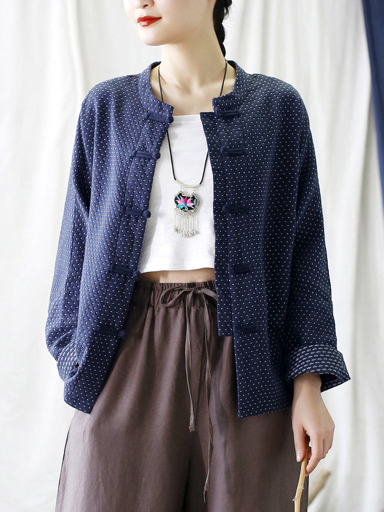 Women Autumn Vintage Dot Button Stand Collar Cotton Jacket AT1062 BUYKUD