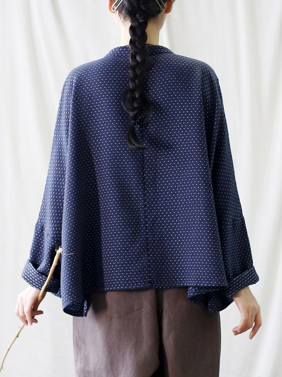 Women Autumn Vintage Dot Button Stand Collar Cotton Jacket AT1062 BUYKUD