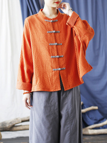 Women Autumn Vintage Dot Button Stand Collar Cotton Jacket AT1062 BUYKUD