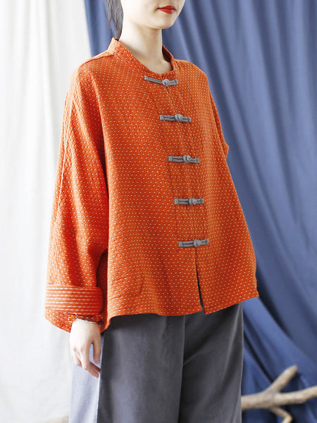 Women Autumn Vintage Dot Button Stand Collar Cotton Jacket AT1062 BUYKUD