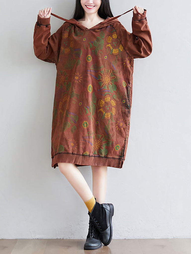 Women Autumn Artsy Flower Loose Hooded Cotton Dress AT1065 BUYKUD