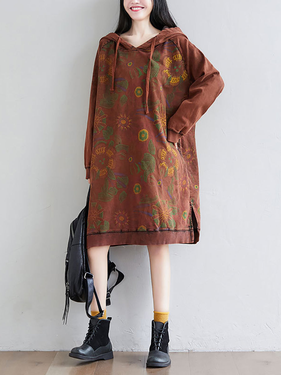 Women Autumn Artsy Flower Loose Hooded Cotton Dress AT1065 BUYKUD