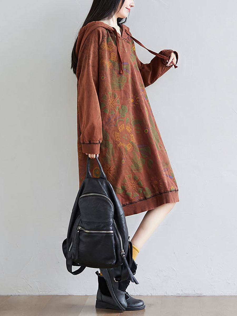 Women Autumn Artsy Flower Loose Hooded Cotton Dress AT1065 BUYKUD