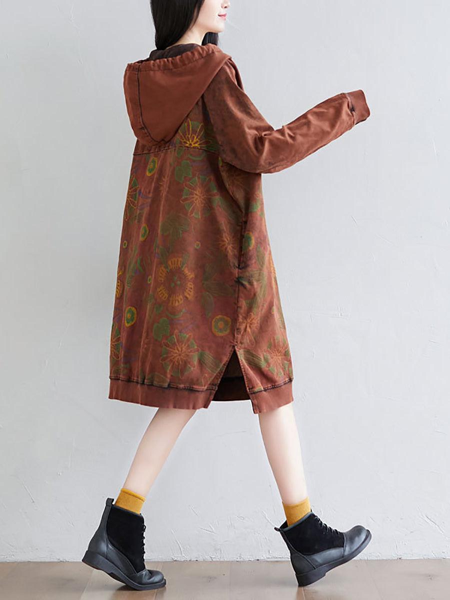 Women Autumn Artsy Flower Loose Hooded Cotton Dress AT1065 BUYKUD