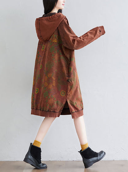 Women Autumn Artsy Flower Loose Hooded Cotton Dress AT1065 BUYKUD