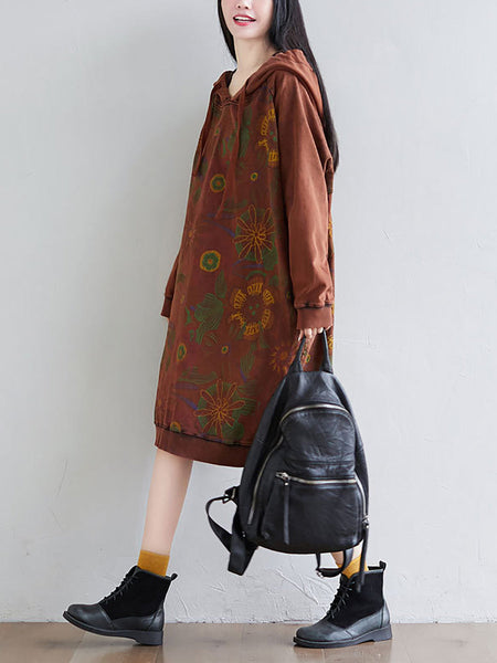 Women Autumn Artsy Flower Loose Hooded Cotton Dress AT1065 BUYKUD