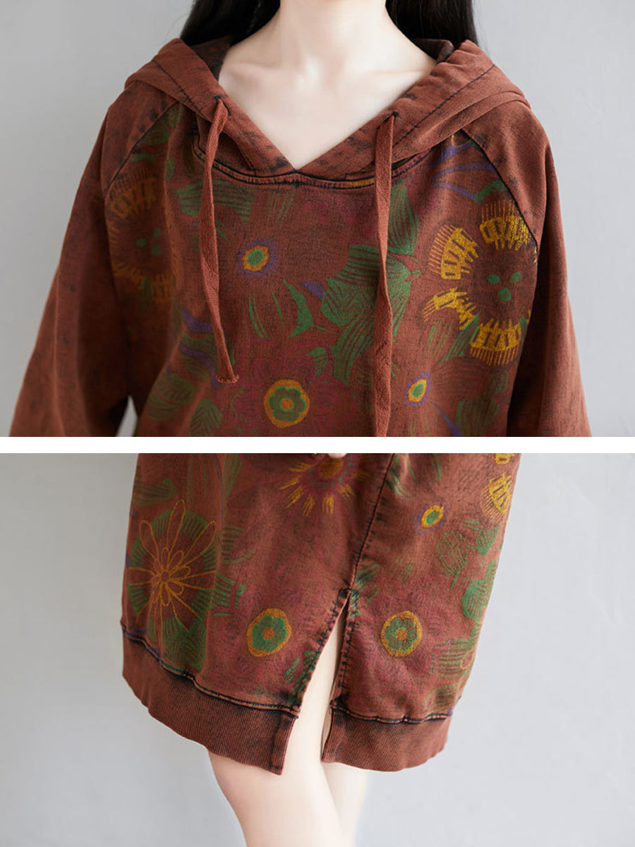 Women Autumn Artsy Flower Loose Hooded Cotton Dress AT1065 BUYKUD