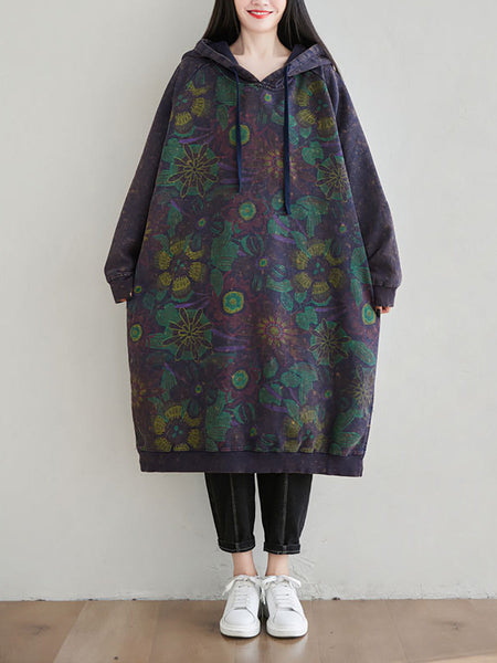 Women Autumn Artsy Flower Loose Hooded Cotton Dress AT1065 BUYKUD