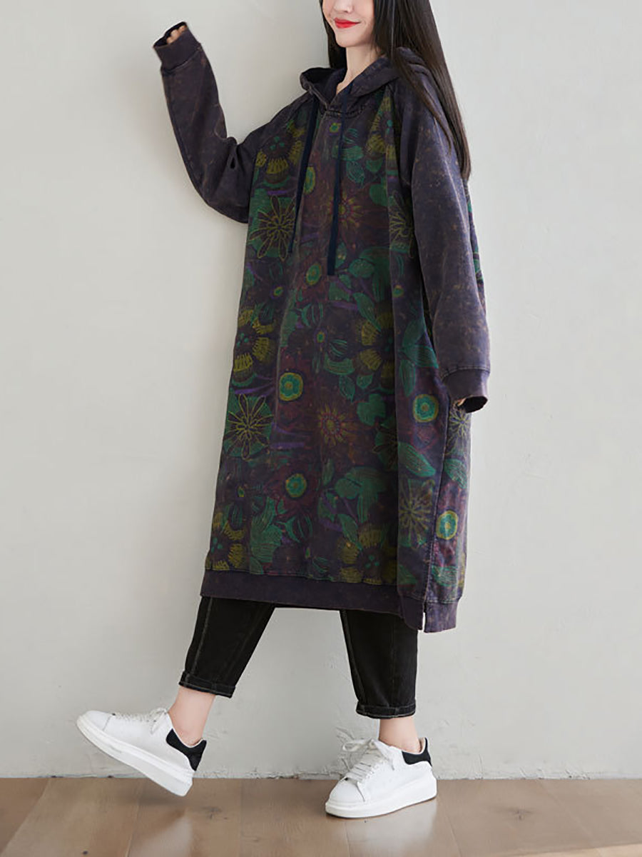 Women Autumn Artsy Flower Loose Hooded Cotton Dress AT1065 BUYKUD