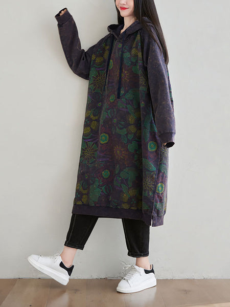Women Autumn Artsy Flower Loose Hooded Cotton Dress AT1065 BUYKUD