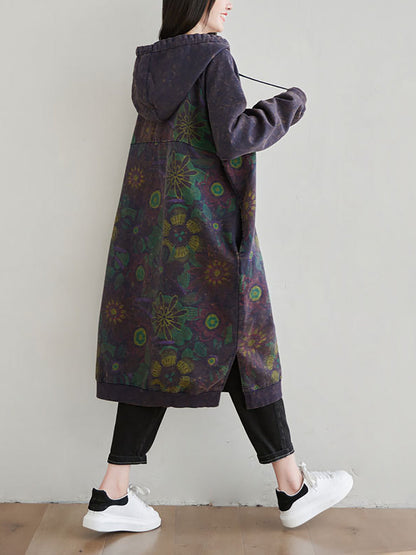 Women Autumn Artsy Flower Loose Hooded Cotton Dress AT1065 BUYKUD