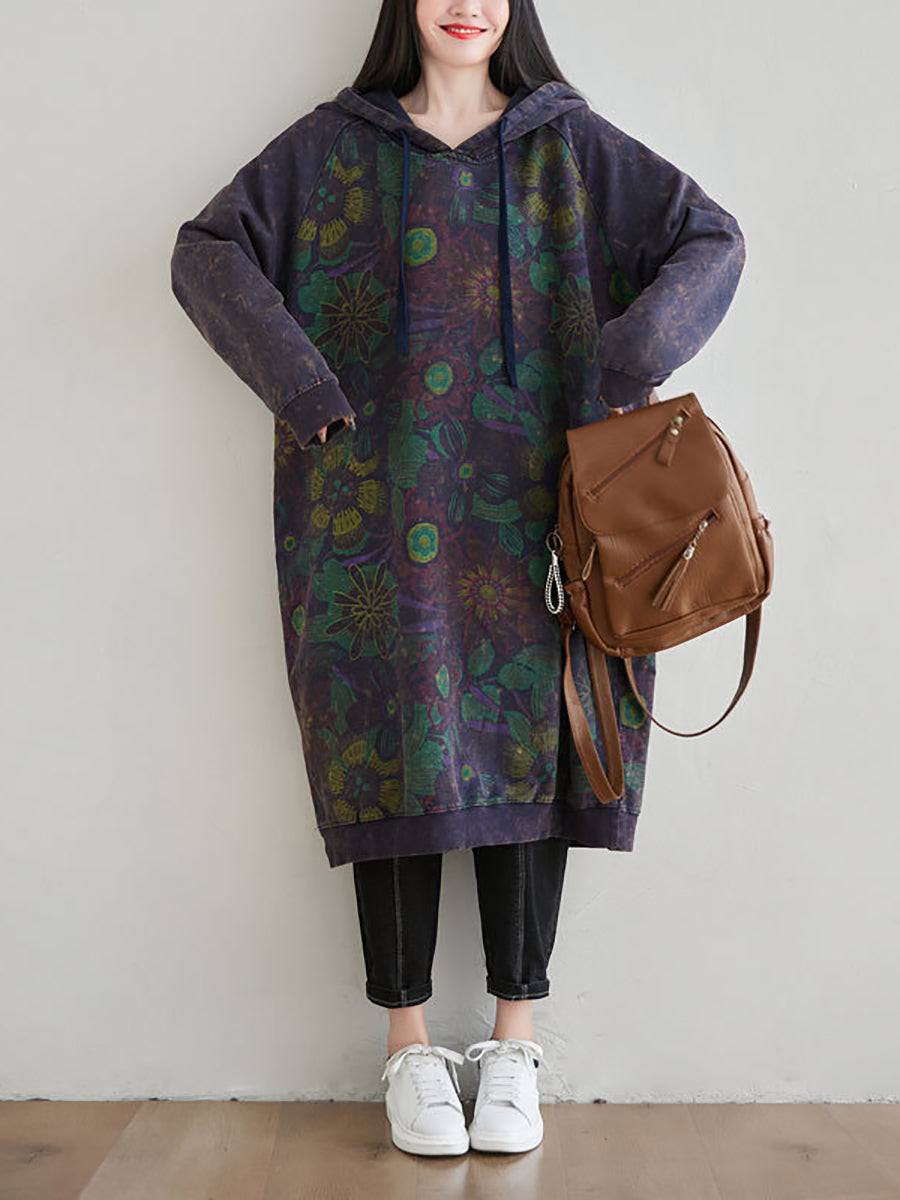 Women Autumn Artsy Flower Loose Hooded Cotton Dress AT1065 BUYKUD