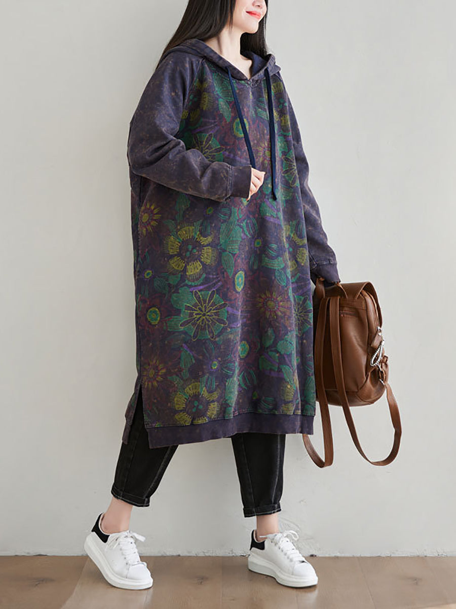 Women Autumn Artsy Flower Loose Hooded Cotton Dress AT1065 BUYKUD