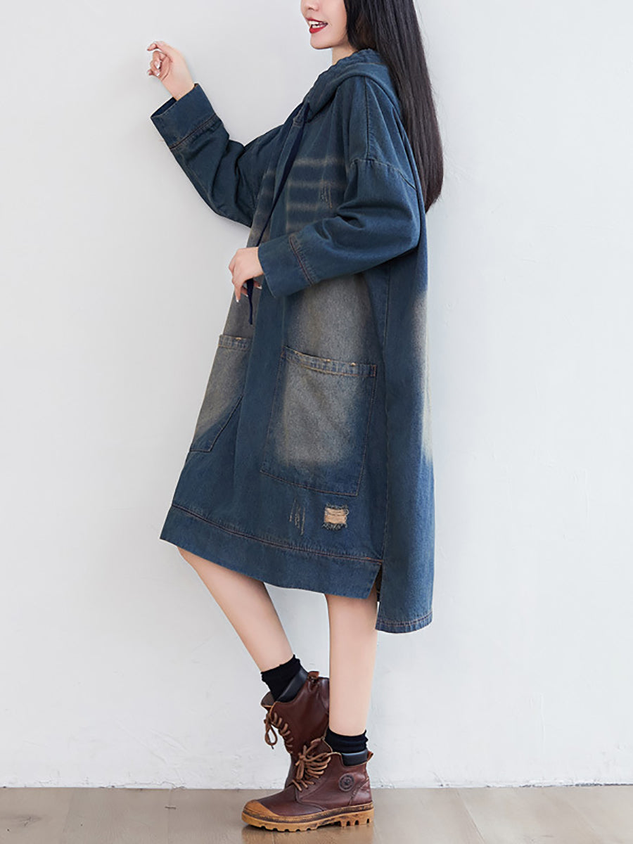 Women Vintage Washed Frayed Denim Hooded Dress AT1066 BUYKUD