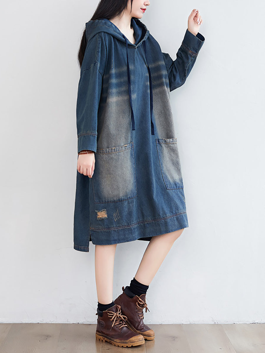 Women Vintage Washed Frayed Denim Hooded Dress AT1066 BUYKUD