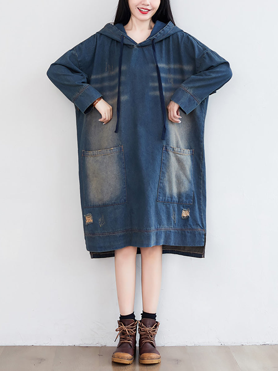 Women Vintage Washed Frayed Denim Hooded Dress AT1066 BUYKUD