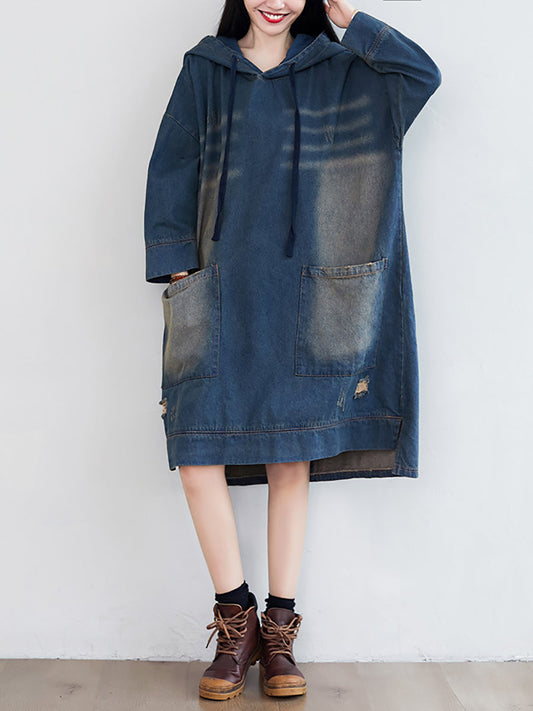 Women Vintage Washed Frayed Denim Hooded Dress AT1066 BUYKUD