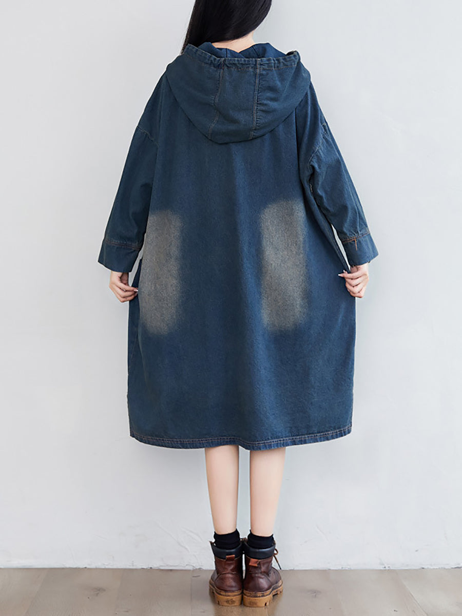 Women Vintage Washed Frayed Denim Hooded Dress AT1066 BUYKUD