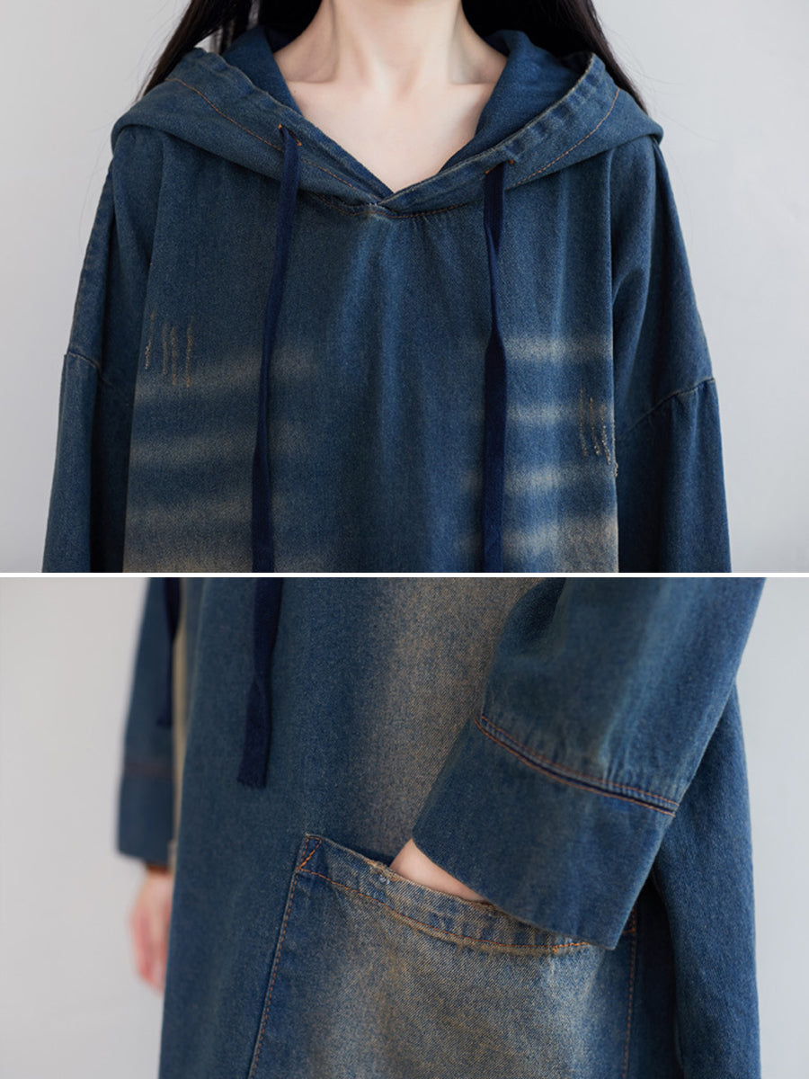 Women Vintage Washed Frayed Denim Hooded Dress AT1066 BUYKUD