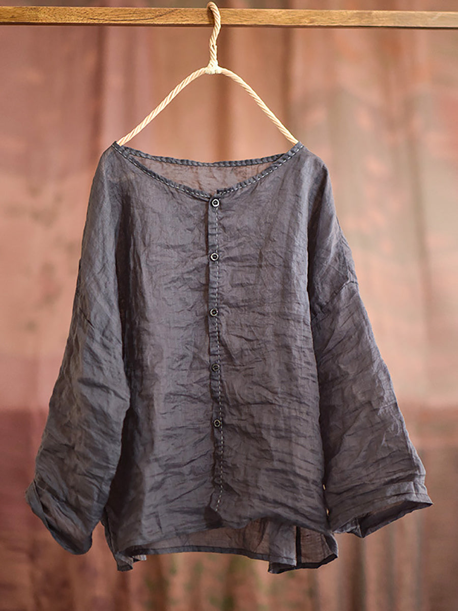 Women Summer Vintage Stitching Button Ramie Blouse AT1063 QYMM