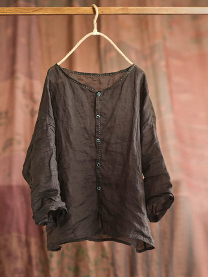 Women Summer Vintage Stitching Button Ramie Blouse AT1063 QYMM