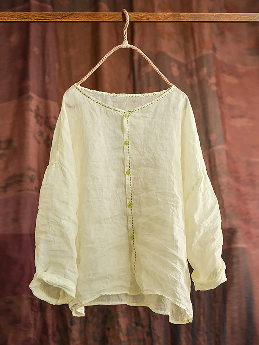 Women Summer Vintage Stitching Button Ramie Blouse AT1063 QYMM